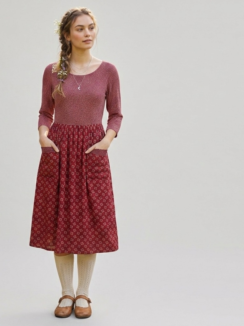 Nathalie Seaver Red Patterned Cottagecore Boho Midi Dress Vtg Size Small Pockets